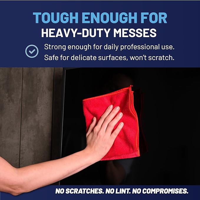 MW PRO Microfiber Cleaning Cloths Red (12 Pack, 12x12) - Commercial Janitorial Towels & Lint Free Rags - Heavy Duty for Auto Detailing, Glass Windows, Housekeeping & Screens - Washable 300+ Times