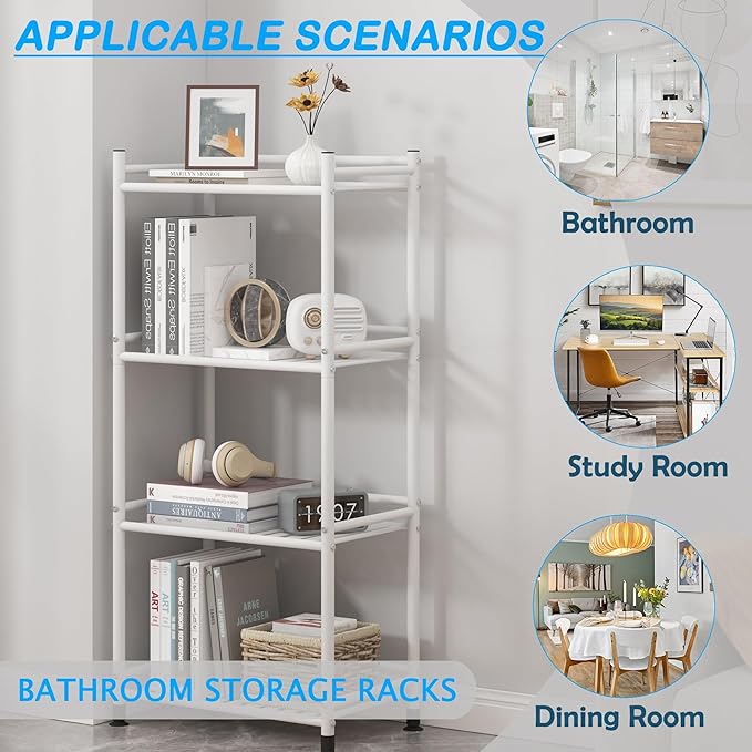 4 Tier Bathroom Storage Open Shelf Unit, Free-Standing Metal Corner Rack Shelving for Kitchen, Living Room, Hallway (White, Wider 4 Tier)