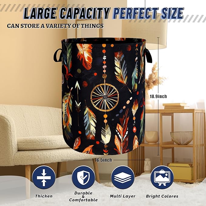Boho Feather Printed Laundry Basket Foldable Oxford Cloth Colorful Laundry Hamper With Handle Portable Clothes Storage Organizer Basket 18.9 X 16.5 Inch Storage Bag For Laundry Room/Bathroom/Bedroom