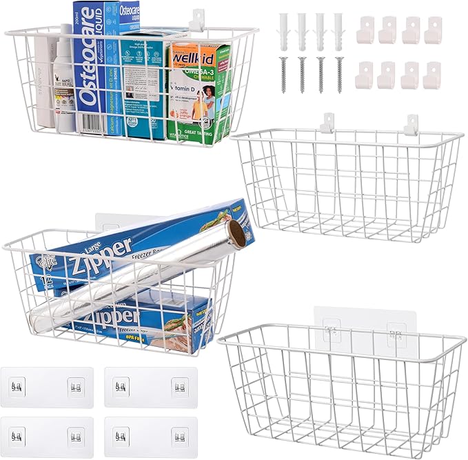 Wire Hanging Wall Basket, 4 White Baskets Set Adhesive Wall Mount Organizer for Pantry Kitchen RV Bathroom Cabinet Storage Organization