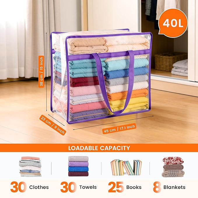 10 Pack Clear Clothes Storage Bags, Double Zipper Design 40L Underbed Moving Bags for Blankets and Clothes, Large Capacity Closet Organizers and Storage for Dormitory, Bedroom, Closet-Purple