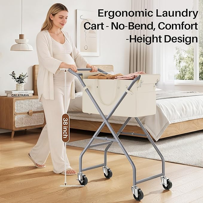 No-Bend Laundry Cart- Rolling Hamper with Locking Wheels & Handle, Foldable Basket Screw-Free Assembly, Durable Metal Frame & Removable Liner Bag for Bedroom & Bathroom (Beige)