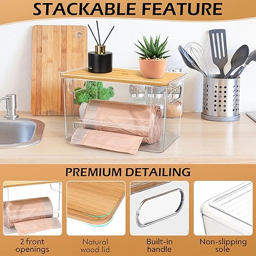2 Pack Stackable Trash Bag Dispenser with Wooden Top for Large & Extra-Large Rolls – Garbage Bag Holder for 13-33 Gallon Bags – Trash Bag Dispenser Under Sink with Anti-Slip Base for Rolls Storage