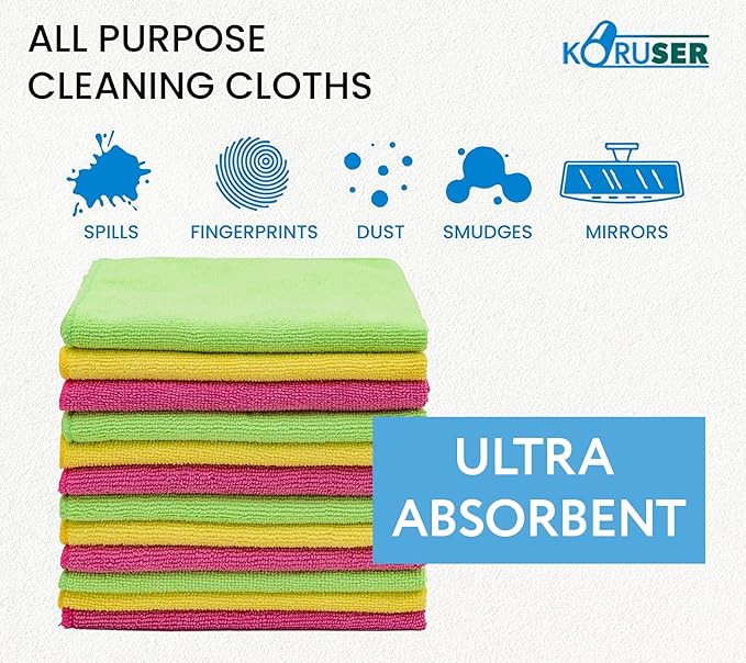 KORUSER Microfiber Cleaning Cloths - Reusable and Washable - Multi Purpose Indoor/Outdoor Cleaning/Dusting/Polishing on Kitchen/Bathroom/Auto Surfaces (12 Pack/High Grammage)