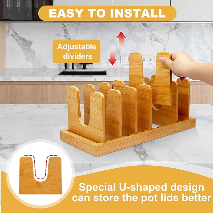 MinBoo Bamboo Pot Lid Organizer Pot Lid Holder, Pot and Pan Organizer Drawer Organizer for Pot Lids, Pans, Cutting Boards & Baking Sheets, Dinner Plates