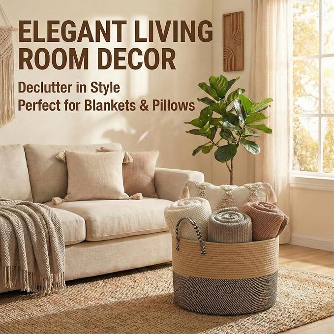 115L Extra Large Blanket Basket for Living Room - Woven Cotton Rope Laundry Hamper with Reinforced Handles - Storage Bin for Pillows, Comforters & Toys - Machine Washable,Jute&Black