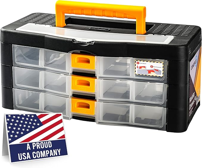 CANOPUS Craft Organizer with Drawers, 15-in Modular Drawer Case, Storage Organizer with Transparent Drawers, Portable Plastic Tool Box for Small Tools, Crafts, Screws, Bolts, Hardware and Small Parts