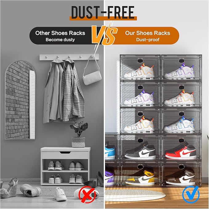 KEFA XL Shoe Storage Box Organizer, 8 Pack Shoe Boxes Clear Plastic Stackable, Sneaker Display Case Container Fit for US 13 (Side 8 PACK GREY)