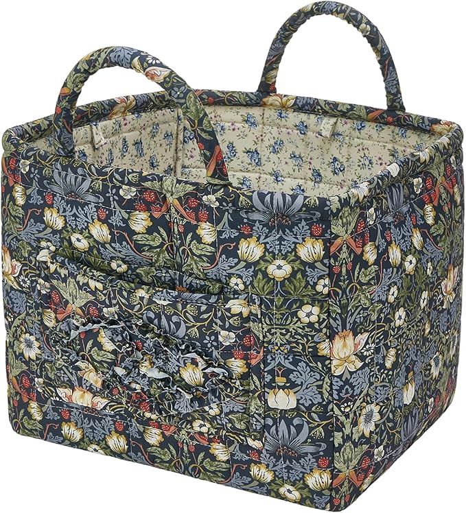 Quilted Fabric Storage Baskets with Handles, Boho Floral Gift Basket Foldable Organizer Bin for Home Decor, Picnic, Travel 12''x10''x10'' (Blue)