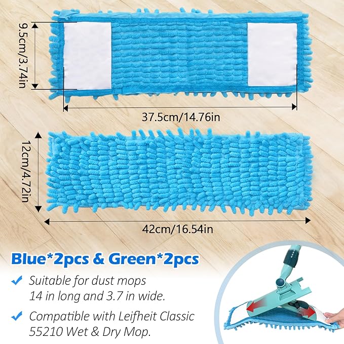 4PCS 16'' Microfiber Dust Mop Pads Compatible with Leifheit 55210,Reusable Mop Refills,Replacent Wet Mopping Pad & Washable Dry Sweeping Cloths for Hardwood Floor/Tile/Marble Cleaning