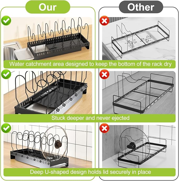 Pots and Pans Organizer Under Cabinet with Drain Board, Expandable Pot Lid Organizer inside Cabinet Holder with 10 Adjustable Compartment, Rack for Cutting Board, Sheet Pan, Cookware, Black