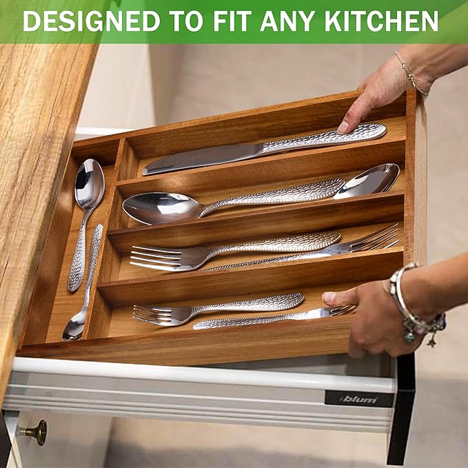 Greenual Acacia Wood Silverware Organizer 10 In Utensil Organizer Silverware Tray for Drawer Cutlery Flatware Organizer for Kitchen