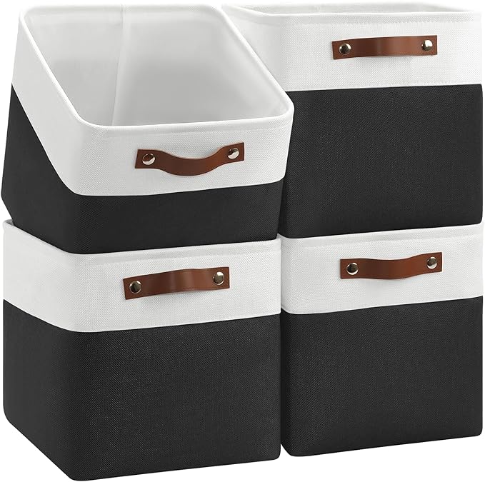 4-Pack Foldable Fabric Storage Cubes 11x11 Inch, Sturdy Cube Organizer Bins with Leather Handles, Storage Baskets for Closet Shelves and Home Organization(White/Black)