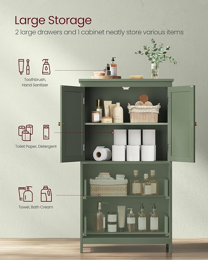 VASAGLE Bathroom Floor Storage Cabinet, Bathroom Storage Unit, Freestanding Cabinet with 2 Drawers and 2 Doors, Adjustable Shelf, 11.8 x 23.6 x 43.3 Inches, Forest Green UBBC551C01