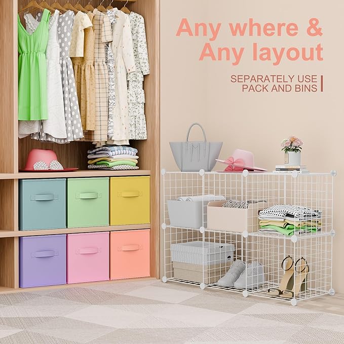 Leinuosen 6 Cube Storage Organizer with Fabric Bins, Wire Grid Stackable Shelves, Drawer Closet Organizer, Modular Storage Units for Bedroom Living Room Office Clothes Toys Crafts(White,Fresh Color)