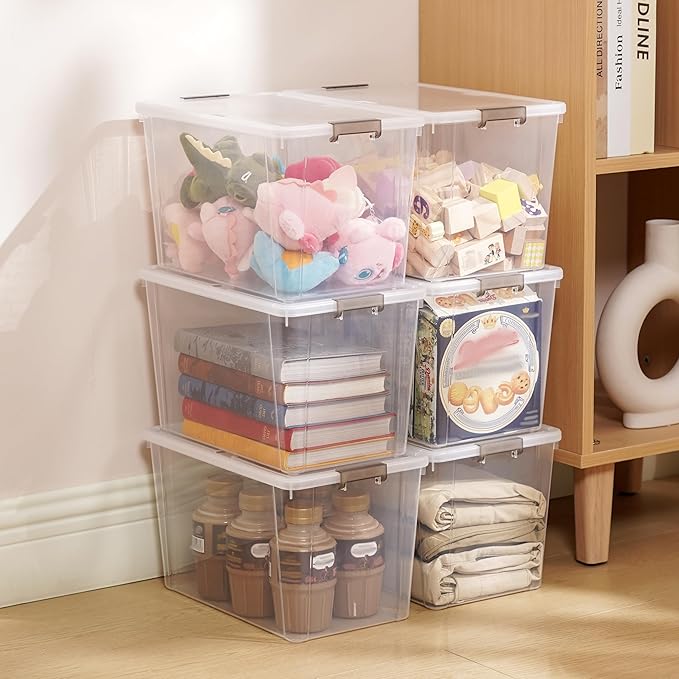 Citylife 7.8 QT 6 Pack Small Storage Bins Plastic Storage Container Stackable Box with Lids for Organizing, Clear White