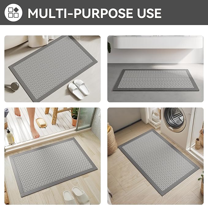 YDKGL Non Slip Bath Mat Bathroom Rugs, Soft Jute-Like Ultra Thin Bath Mats, Rubber Backing Super Absorbent Quick Dry Bath Rug Shower Mat Fit Under Door Bathroom Floor, Machine Washable, Gray 16" x 24"