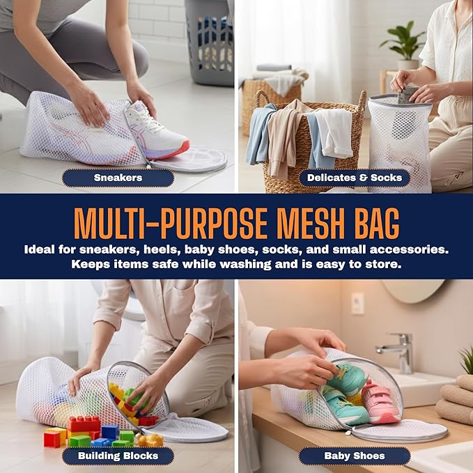 Mesh Shoe Washing Machine Bag (2 Pack) – Shoe Laundry Bag for Washing Machine – Honeycomb Mesh Laundry Bags with Zipper for Sneakers, Shoes, Socks, Bras, Delicates, and Toys – Wash & Dryer Safe