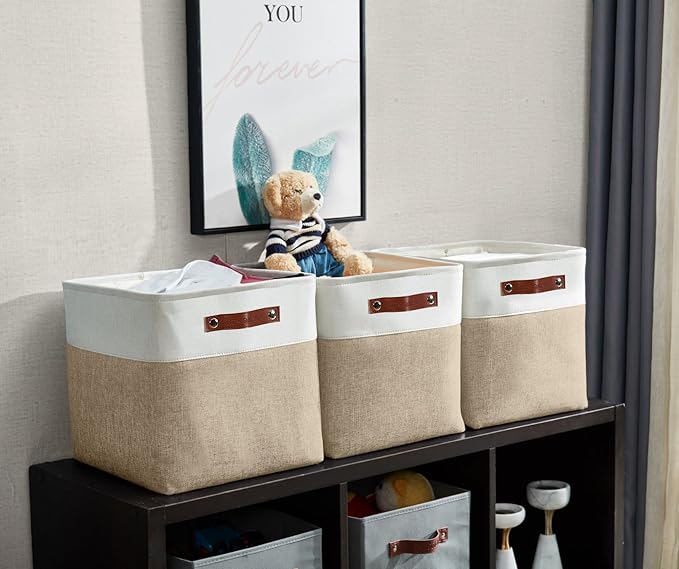DECOMOMO Storage Cubes, 11x11 Cube Storage Bins, Baskets for Shelves (Beige & White, 4 Pack)