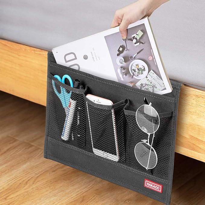 HAKACC Bedside Storage Organizer with Pockets，Bedside Caddy,Remote Control Holder Armchair Couch Caddy Sofa Armrest Bag，bed accessories,Black