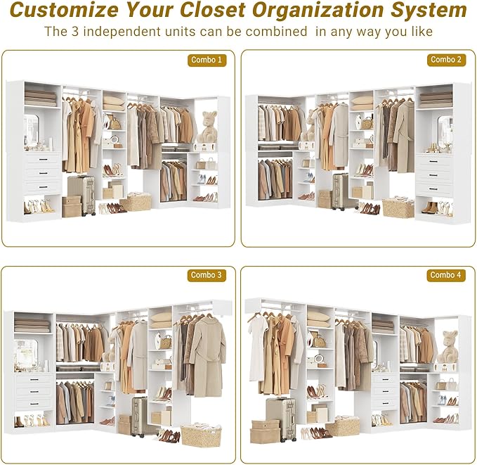Unikito Modular Closet System with 3 Sets, 131”Corner Closet Organizer System With Mirror, Drawers, Hanging Rods & Adjustable Shelves, Freestanding Wood Wardrobe Organizer, Walk in Closet Tower, White