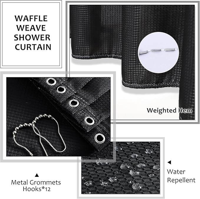 Resin Black Bathroom Sets, Black Bathroom Accessories Set with Shower Curtain, Bath Towel Set, Natural Loofah Sponge, Soap Dispenser, Toothbrush Holder, Bathroom Tumbler and Tray for Countertop