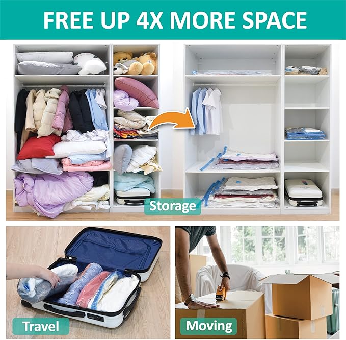 Cozy Essential 16 Pack Vacuum Storage Bags, Space Saver Bags (2J/2L/3M/3S/6Roll) Compression Storage Bags for Comforters and Blankets, Pillow, Bedding, Vacuum Sealer Bags for Clothes Storage