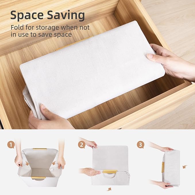 STORAGE MANIAC 3-Pack Large Laundry Hamper, 80L (21.1 Gal) Collapsible Laundry Basket with Bamboo Handles, Freestanding Waterproof Clothes Hamper for Laundry Room, Bedroom, Dorm, Towels, Toys, Beige