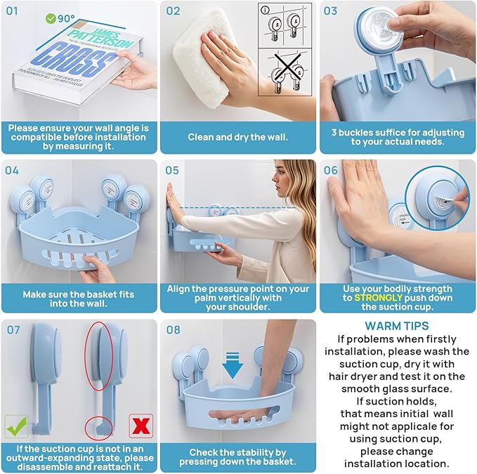 LEVERLOC Corner Shower Caddy Suction Cup, Shower Caddy Basket Powerful Suction Bathroom, Waterproof & Rustproof Organizer for Bathroom Storage, No-Drilling Removable (Blue)