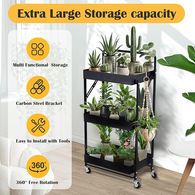 Folding Storage Rack 3-Tier Mesh Storage Shelf Portable Closet Shelving Unit with 360°Removable Wheels for Kitchen/Living Room/Bathroom/Laundry Room/Pantry/Garage/(Max Load Capacity 200 lb)