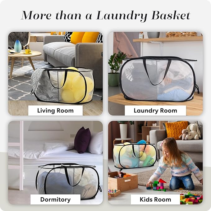 Foldable Laundry Basket - Popup and Collapsible, Durable Mesh Material, Folds for Storage, Easy Carry Handles - Great Hamper for College Dorm, Laundry Room or Travel (White-Black, 2-Compartments)