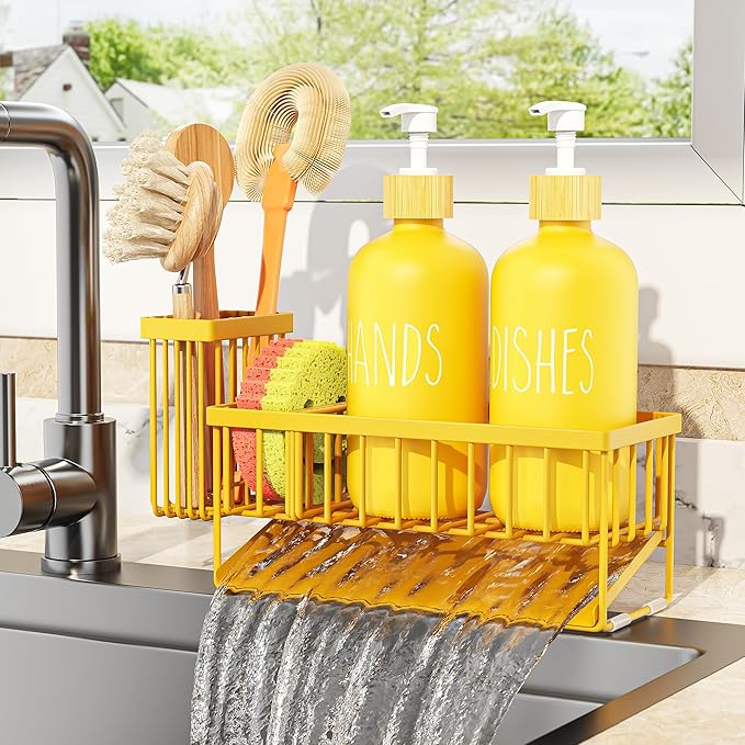 Cisily Yellow Dish Soap Dispenser Set, 16 fl Oz Dual Kitchen Soap Dispensers with Sponge Holder, Customized Stainless Steel Kitchen Soap Dispenser Set