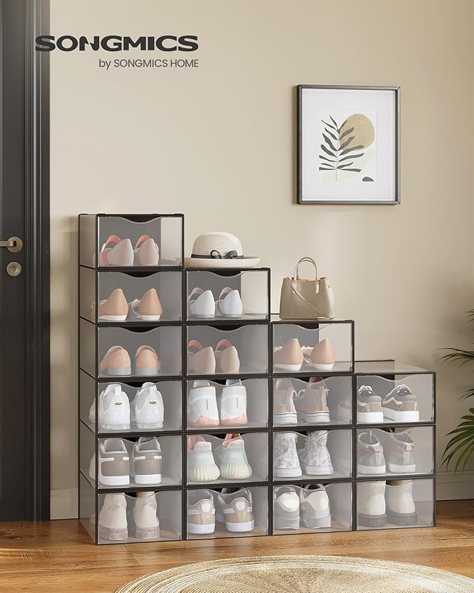 SONGMICS Shoe Boxes, Shoe Storage Organizers Rack for Closet, Plastic Stackable Sneaker Containers Case, 18 Pack, Transparent and Ink Black ULSP318B01