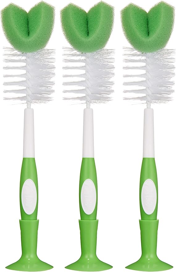 Amazon Brand - Mama Bear Baby Bottle Brush with Nipple Cleaner and Suction Cup Stand, White (Pack of 3)
