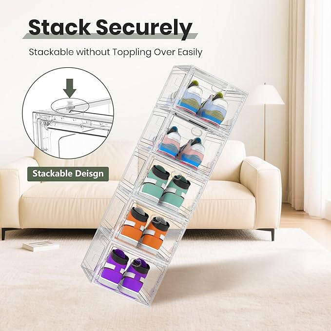 ALCCB Thicken Hard Clear Shoe Storage Organizer for Closet, 12 Pack Modular Plastic Stackable Shoe Storage Box Organizer, Shoe Sneaker Rack Display Case Containers Bins with Lids, White
