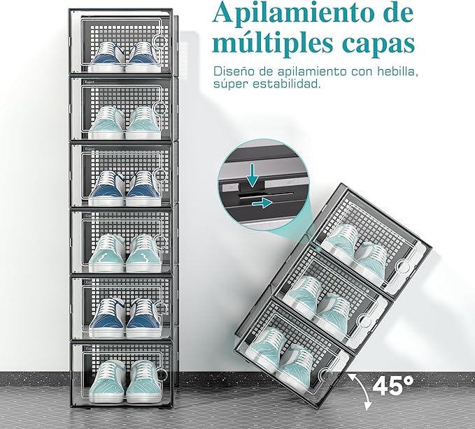 Kuject Large Shoe Organizers Storage Boxes for Closet, 12 Pack Clear Plastic Stackable Storage Bins with Lids, Under Bed Shoe Containers for Entryway, Drop Front, Fit up to Women's Size 10,Black