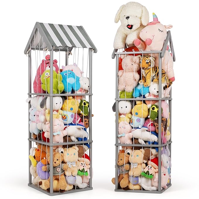 Stuffed Animal Storage, Space Saving Vertical Stuffed Animal Holder Wood, Easy Assembly Cottage-Style Plush Toys Organizer for Bedroom & Playroom (Gray, Large)