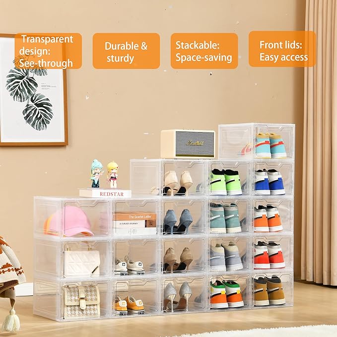 Storage Bins with Lids 10 Pack Clear Stackable Plastic Closet Organizers Containers w/Magnetic Door Box for Wardrobe Bedroom Office Dorm