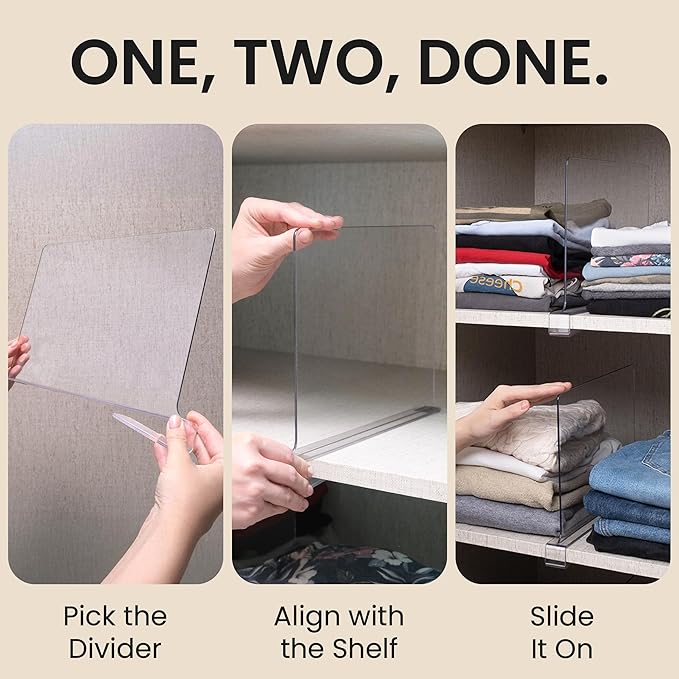 6- Pack Clear Acrylic Shelf Dividers-Non-Slip Closet Organizers for Sweaters, Bags, Towels- Shelf Separators for Bedroom, Kitchen, Office