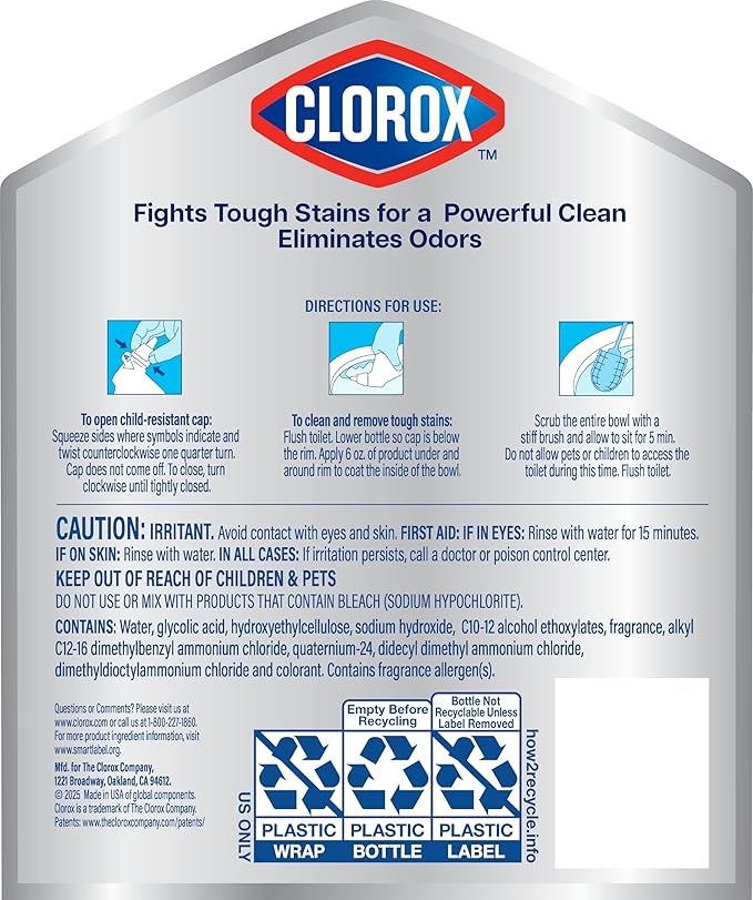 Clorox Toilet Bowl Cleaner Heavy Duty Stain and Ring Remover, Arctic Clean, 24 Fl Oz., Pack of 2