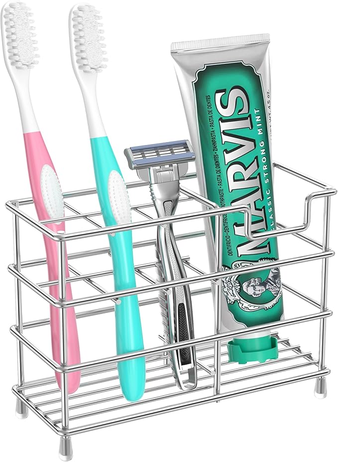 HBlife Medium Toothbrush Holder for Bathroom, 7 Slots Silver Stainless Steel Bathroom Accessories Organizer for Small Spaces