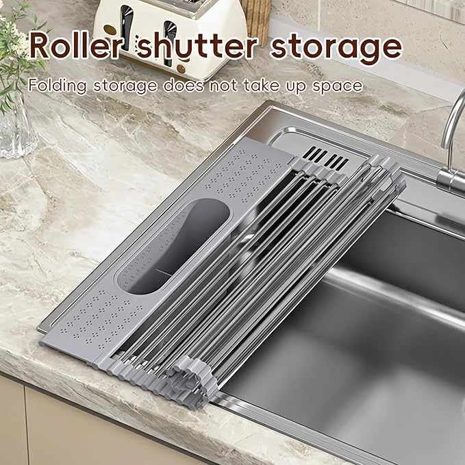 Roll Up Dish Drying Rack Over Sink, 20" X 15.2" Foldable SUS304 Stainless Steel Kitchen Dish Drainer, Heat-Resistant Multipurpose Rolling Sink Rack Organizer, Grey