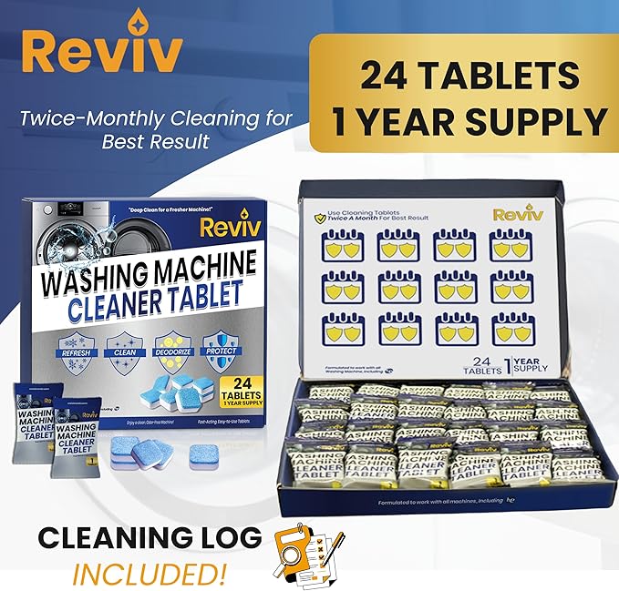 REVIV Washing Machine Cleaner Tablets – HE Compatible Descaler, 24 Count (12-Month Supply) – Septic-Safe for Front & Top Load Washers