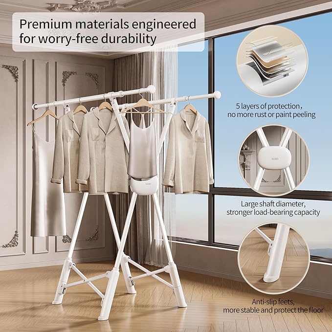 BIREN Clothes Drying Rack Heavy Duty Clothing Racks Foldable Laundry Rack Two Drying Modes Garment Racks for Drying Clothes, Adjustable Length from 32-55 Inches for Indoor Outdoor Use