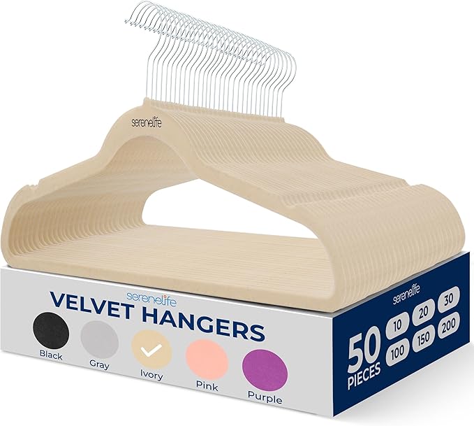 SereneLife 50 Pack Velvet Hangers - Non-Slip, 360° Swivel Hook - Ultra-Thin, Lightweight Velvet Hangers for Shirts, Sweaters, Hoodies, Kids Clothes & Dresses - Space-Saving