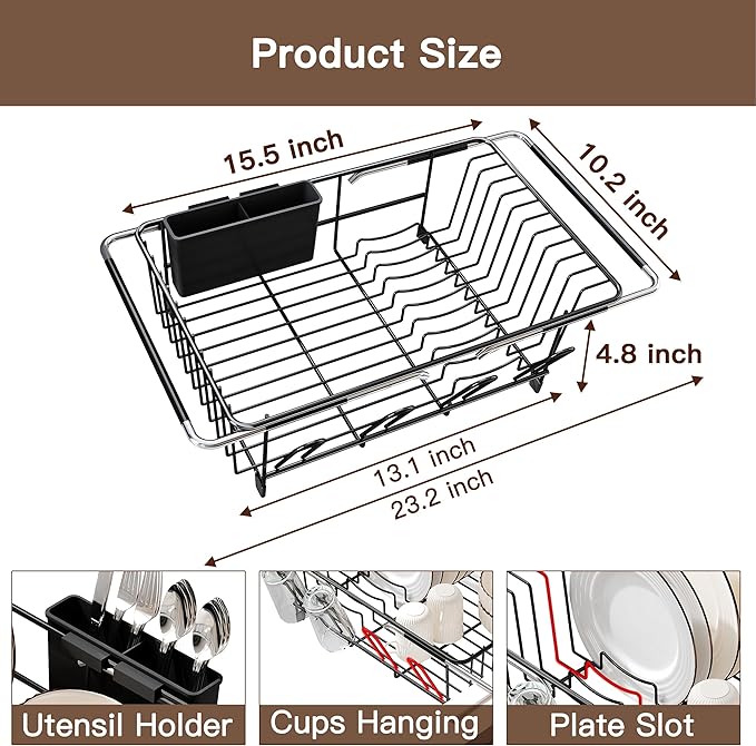Over the Sink Expandable Dish Drainer Drying Rack In Stainless Steel for Small Kitchen, Counter Space Saving Modern Compact Metal Above Plate Dryer Strainer, Adjustable Hanging Inside Drain Holder