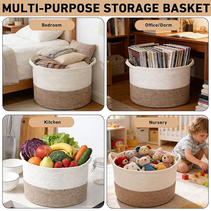 115L Large Blanket Basket,23.6" L x 23.6" W x 15.7" H Rope Woven Baskets with Handles, Toys Storage Bins,Laundry Basket Perfect for Living Room, Nursery,Bedroom,Home Organization,White&Brown