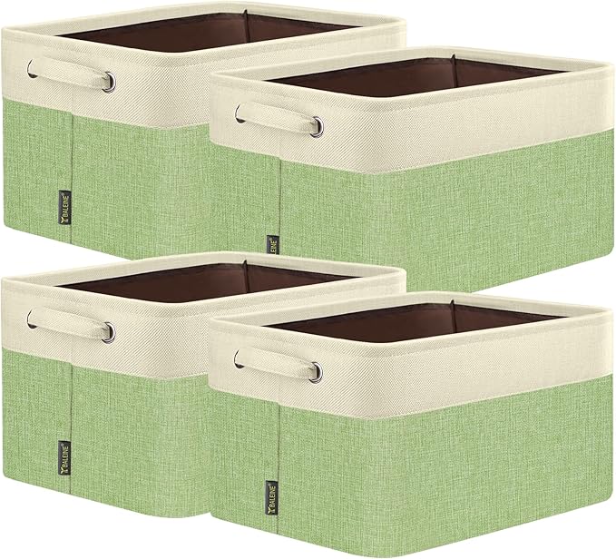 BALEINE 4 Pack Fabric Storage Bins for Shelves, Linen Storage Baskets for Organizing, Decorative Closet Bins for Clothes, Home (Green, 12"x8"x8")