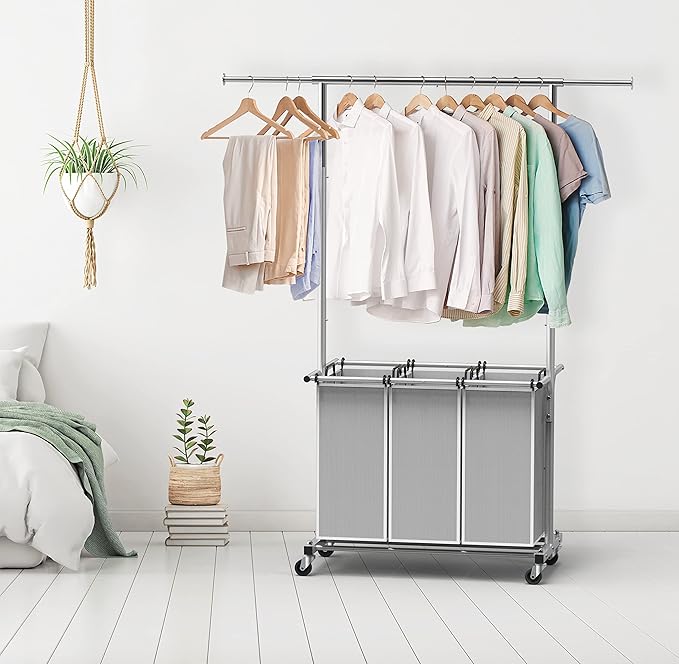 Simple Houseware 3 Bags Laundry Sorter with Extensible Clothes Hanging Rod