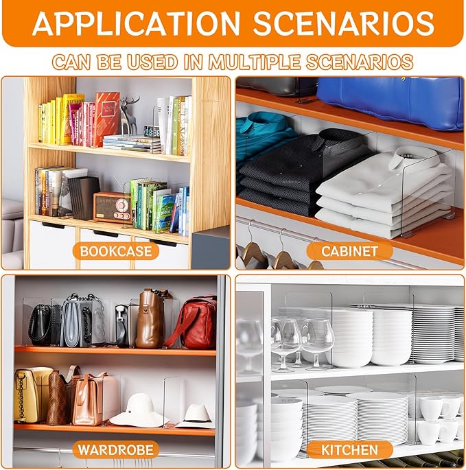 Yieach 8 Pack Acrylic Shelf Dividers for Closet Organization - Suitable for All Cupboard,Wood Shelves -Clear Closet Dividers for T Shirt,Towel,Bag,Purse Dividers,Handbag Organizer,Sweater Organizer